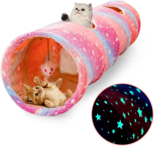 Cat Tunnels for Indoor Cats with Plush Toys Collapsible Glows in The Dark Dog Cat Tunnel Tube Toys Photoluminescent for Indoor Cats Small Dogs Puppy Kitten Rabbit Bunny Ferret Pet Rainbow