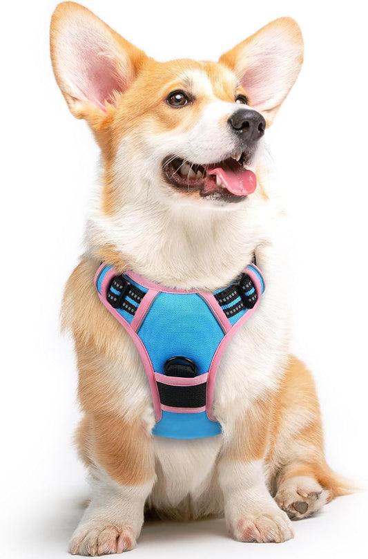 Eagloo Dog Harness for Large Dogs, No Pull Service Vest with Reflective Strips and Control Handle, Adjustable and Comfortable for Walking, No Choke Harness with 2 Metal Rings, Pink & Blue, M