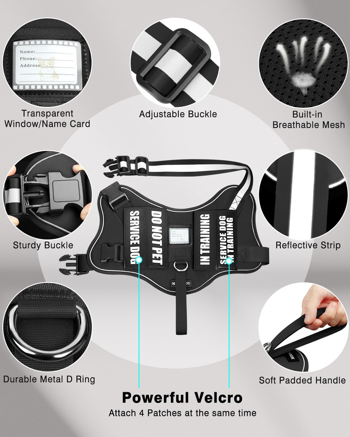 Service Dog Vest Harness and Leash Set+10 Patches for Puppy Small Dogs,Do Not Pet Emotional Support Dog Vest with 2 Soft Padded Handle for Everyday/Training (Black XS)