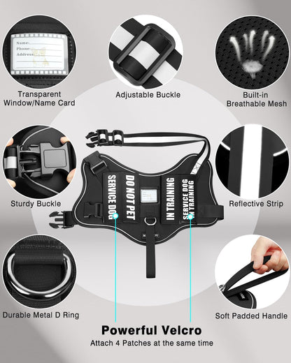 Service Dog Vest Harness and Leash Set+10 Patches for Puppy Small Dogs,Do Not Pet Emotional Support Dog Vest with 2 Soft Padded Handle for Everyday/Training (Black XS)