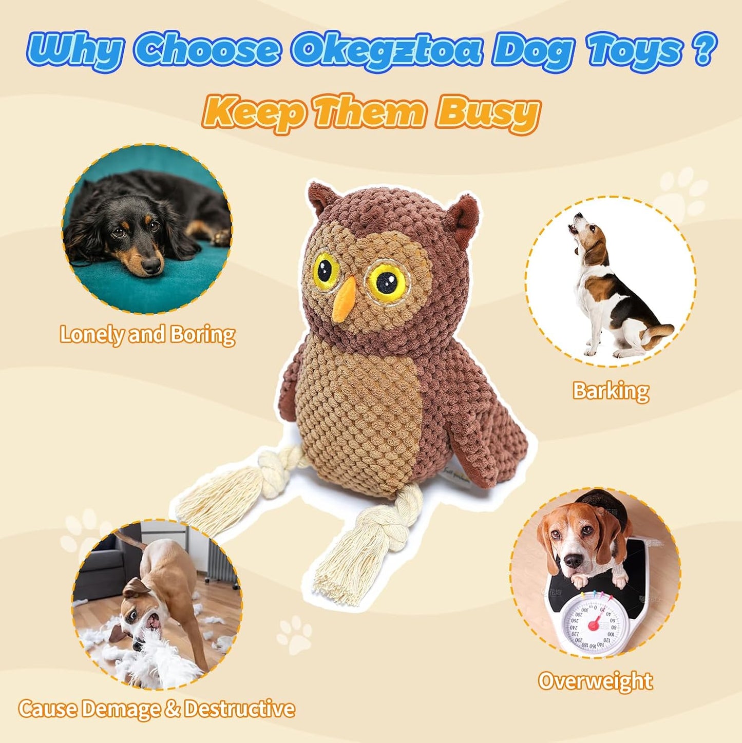 4-Pack Squeaky Dog Toys for Small Medium Large Dogs Interactive Rope Plush Dog Toys Set Flamingo, Parrot, Toucan, Owl Stuffed Puppy Toys for Teething, Anxiety Relief Perfect for Aggressive Chewers