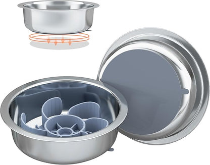 Stainless Steel Dog Bowls with Suction Base 2 Pack,Non-Slip Pet Food and Water Bowls Set with One Slow Feeder Insert for Tile/Hardwood/Smooth Floors