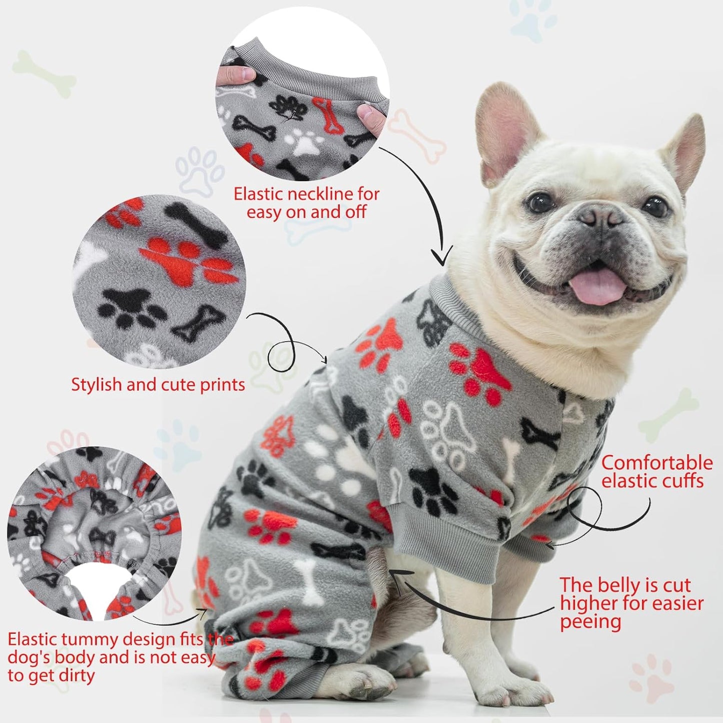 SCENEREAL Fleece Dog Pajamas for Small Medium Large Dogs, Warm Soft Puppy Jumpsuit, Adorable Bones Paw Print Pet Sweaters Clothes, Doggy Pjs Cat Coat for Boy Girl