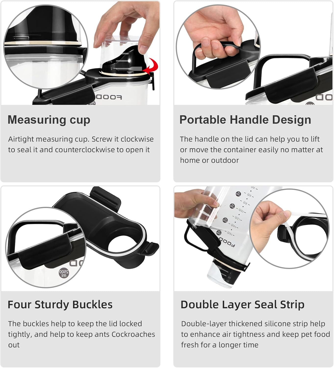 3-5Lbs Small Cat and Dog Food Storage Containers BPA Free, Airtight Pet Food Storage Containers with Large Pour Spout/1 Measuring Cup/ 4 Safety Locks and Pet Folding Bowl (Black)