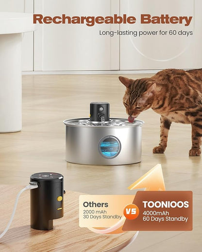 Cat Water Fountain Wireless Cordless: Cat Fountain Battery Operated - Stainless Steel Pet Water Fountain Rechargeable - 108oz/3.2L Automatic Cats Fountains for Drinking with Motion Sensor - Cats & Dog
