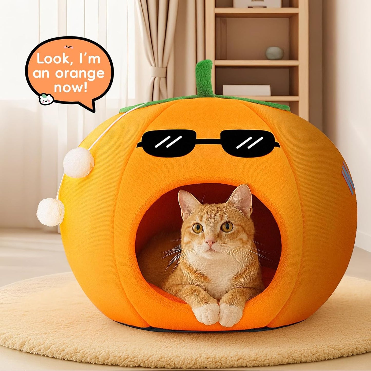 Cute Cat Beds for Indoor Cats, Small Dog Beds, Soft Washable Pet Beds for Kitten and Puppy, Funny Orange Cat Cave, 19 Inches