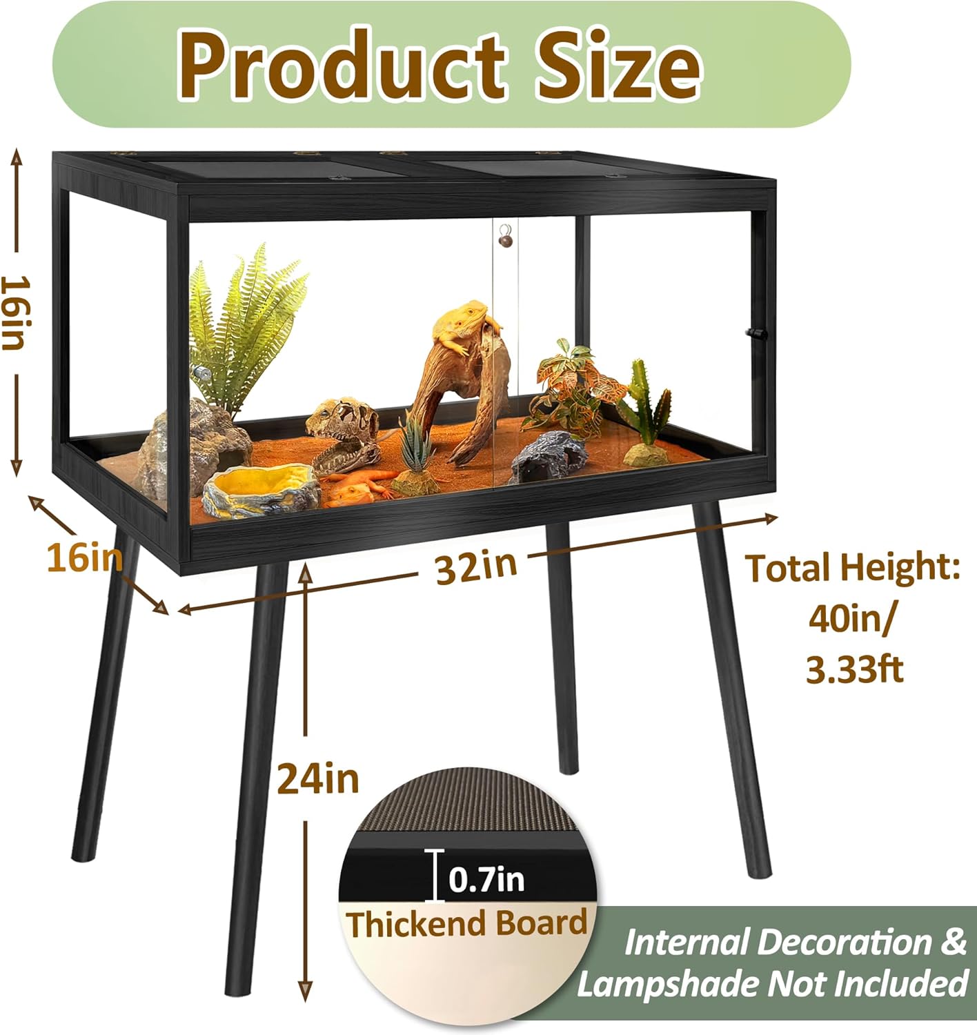 Prolee Tempered Glass Reptile Enclosure with Leg,32“ Scratch-Proof Bearded Dragon Tank,32 Gallon Lizard Tank with Metal Mesh Tops and Lockable Door,Spacious Reptile Habitat for Snake,Tortoises (Black)