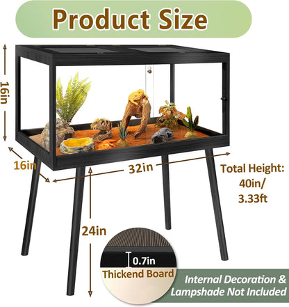 Prolee Tempered Glass Reptile Enclosure with Leg,32“ Scratch-Proof Bearded Dragon Tank,32 Gallon Lizard Tank with Metal Mesh Tops and Lockable Door,Spacious Reptile Habitat for Snake,Tortoises (Black)