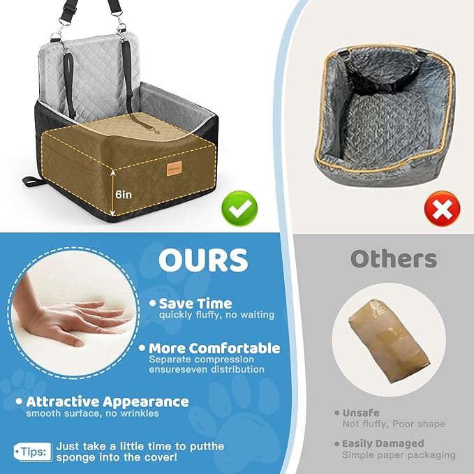 Dog Car Seat for Small/Medium Dogs Under 35 lbs – Pet Booster Seat with 6-inch Memory Foam, Dog Car Bed with Removable and Washable Cover, 2 Safety Belts and 2 Storage Bags