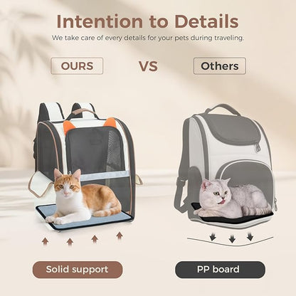 Lekereise Ventilated Cat Backpack Carrier, Pet Carrier Backpack Airline Approved for Small Dogs Medium Cats Fit Up to 18 Lbs, Dogs Foldable Backpack Carrier for Travel, Hiking, Beige-Orange Ears