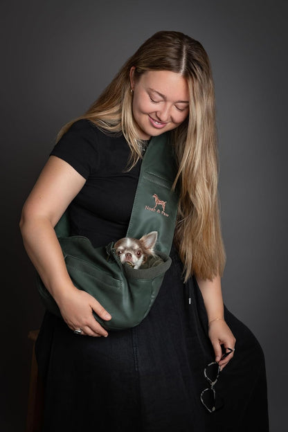 Noah & Paw Dog Sling Carrier for Small Dogs 3-10lb, Dog Sling for Small Dogs and Cats, Dog Carrier with Adjustable Padded Strap, Vegan Denim Lined with Fur, 3X Safety Features, Machine Washable