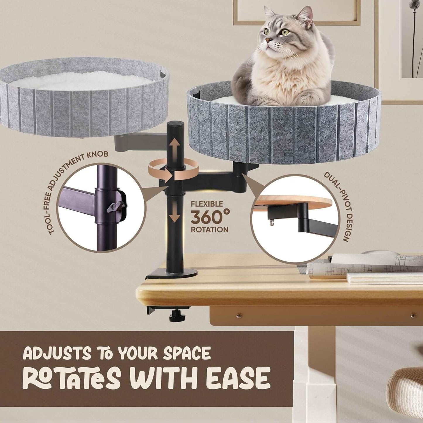Cat Desk Bed with 360° Rotation & Height Adjustment, 60LB Capacity – Ultra-Plush Desk Mounted Perch Attachment, Table Cat Bed for Computer Desk, Washable Fluffy Hammock