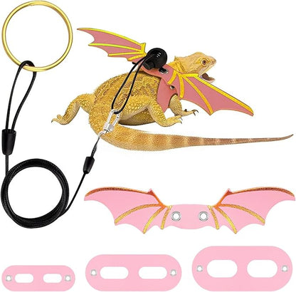 3PCS Pink Bearded Dragon Harness and Leash, Adjustable Lizard Harness with Wings for Reptile Lizard, Amphibians, Outdoor Walking Vest with Traction Rope (S, M, L)