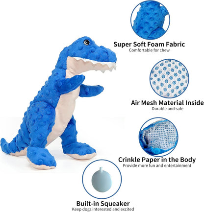 DODODOLA Dog Toys Dinosaur Dog Toy Blue Stuffed Animals Chew Toy Plush Squeaky Dog Birthday Toys for Small Large Big Dogs