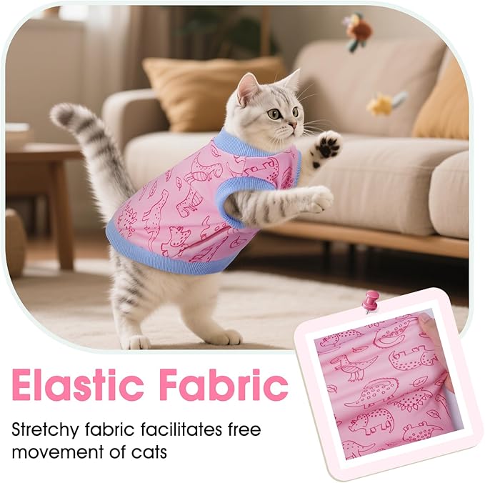 DENTRUN Sleeveless Cat Vest with Dinosaur Print, Breathable Ultra-Soft Dralon Fleece Cat Sweater, All-Season Pet Costume Apparel for Cats, Kitten Clothing for Indoor/Outdoor, Pink, XS