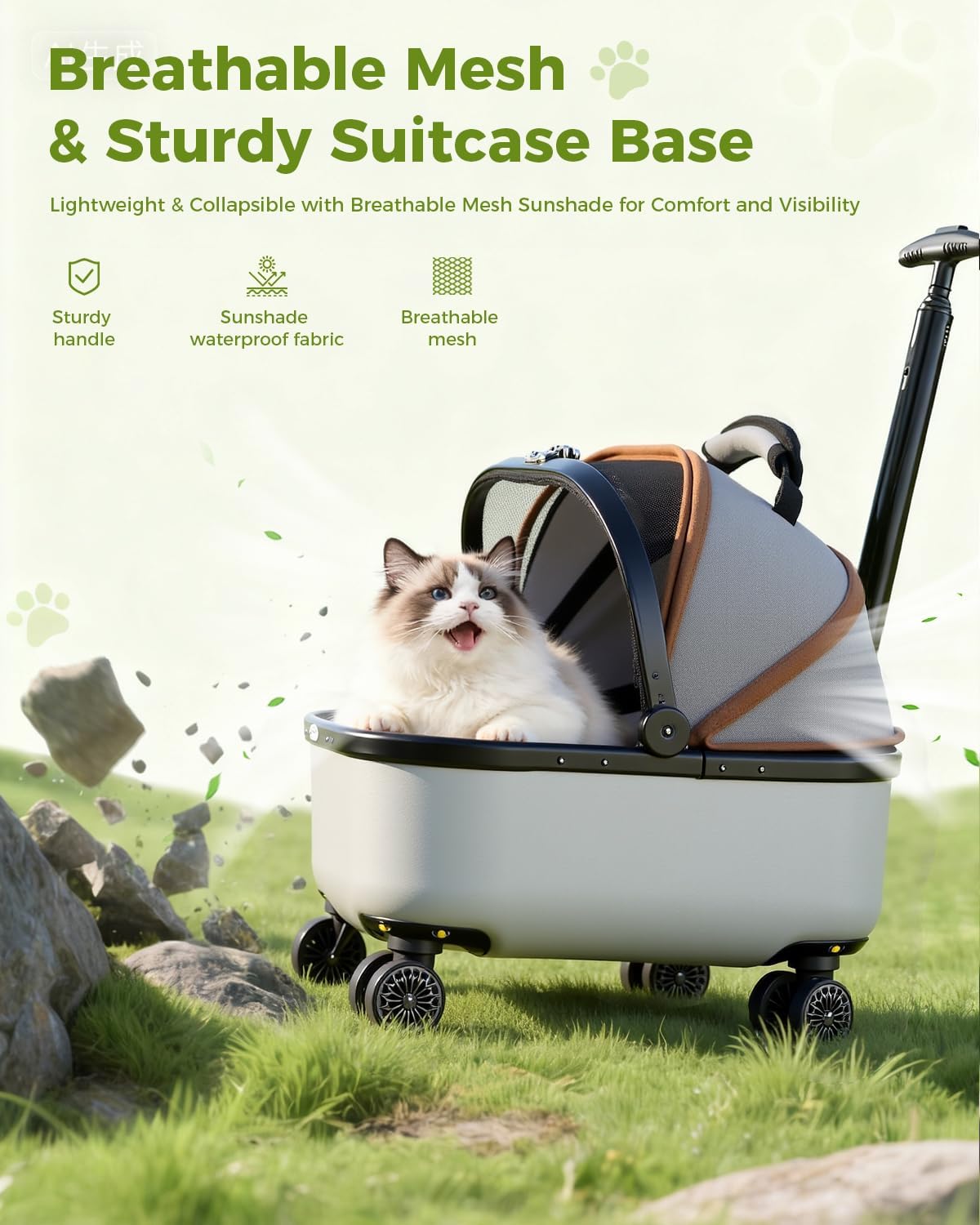 Lekereise Cat Carrier with Wheels (Gray), 180° Wide Open Rolling Cat Carrier for Road Trips, Car Trunk-Fit & Stable Base for Long-Distance Travel, Portable Pet Carrier for Cats Up to 15 lbs