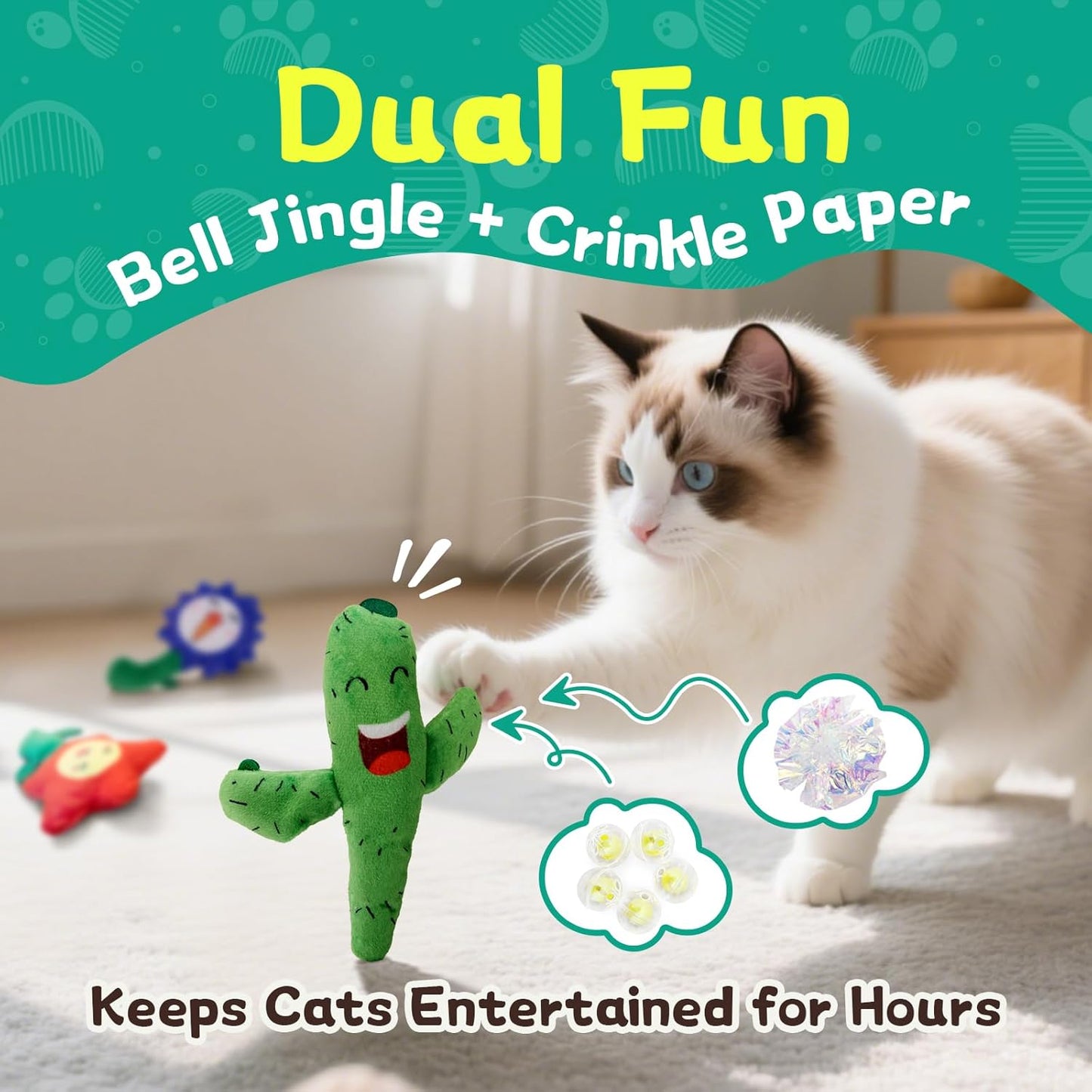 Catnip Toys for Indoor Cats - 3 Pack Kitten Toys with Bell & Crinkle Paper, Soft Plush Cat Kicker & Chew Toy for Bored Cats