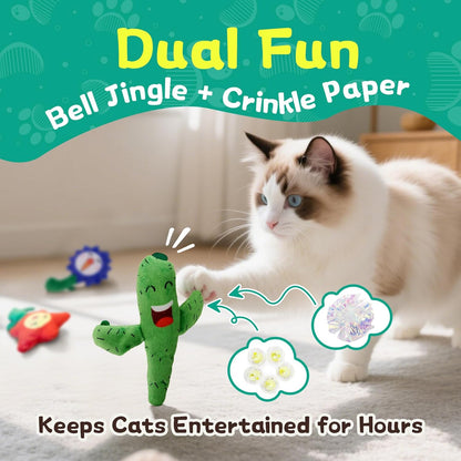 Catnip Toys for Indoor Cats - 3 Pack Kitten Toys with Bell & Crinkle Paper, Soft Plush Cat Kicker & Chew Toy for Bored Cats