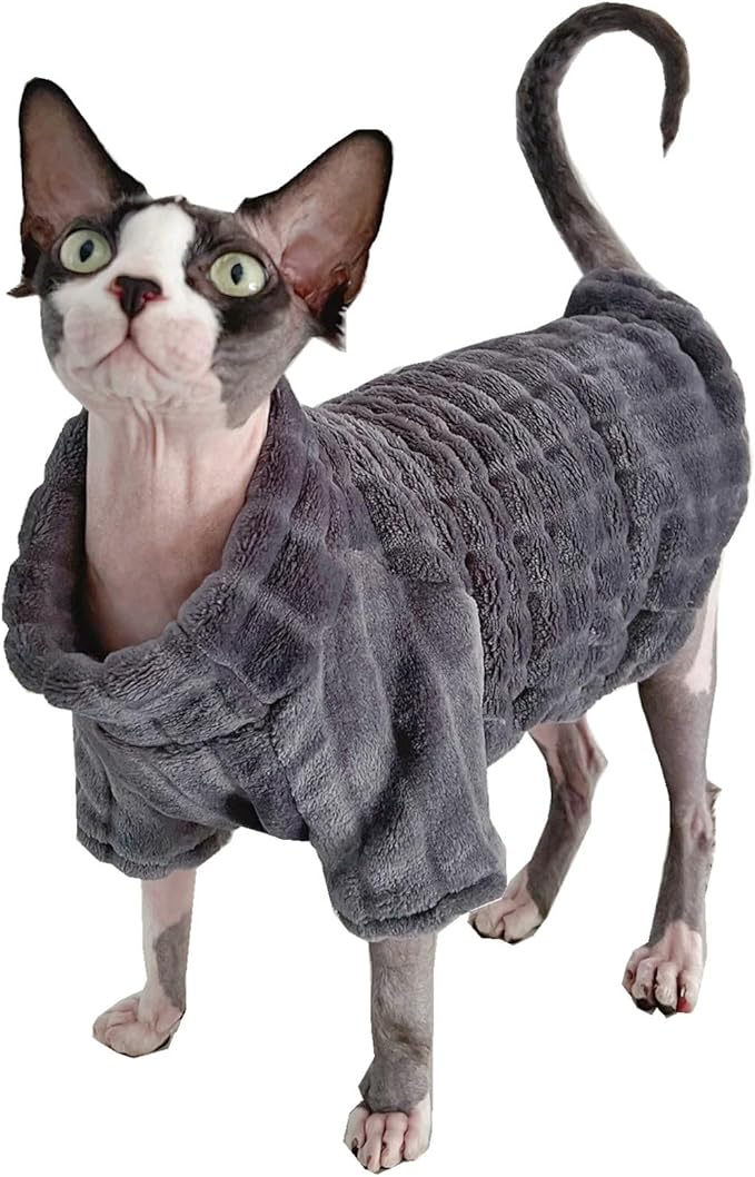 Turtleneck Sweater for Sphynx Cat Soft Coral Fleece Cat Clothes Thick Winter Warm Outfit Coat for Hairless Cats and Small Dogs Apparel with Sleeves (Grey, M (5-7 lbs))