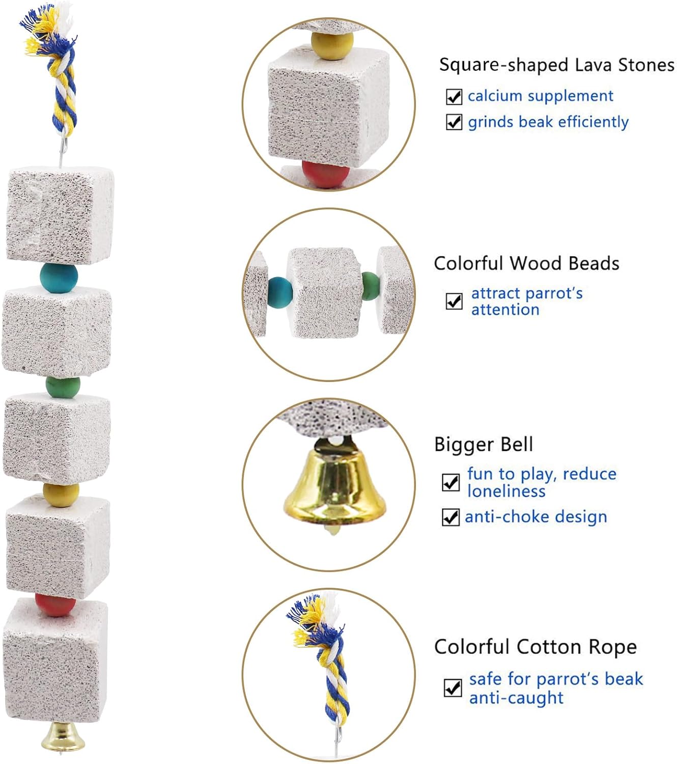 2 Pack Large Bird Chewing Toy, Parrot Beak Grinding Calcium Stone with Bells, Bird Cage Accessories, Cage Toys for Cockatiel Parakeet Parrot Budgies Rat Hamster Chinchilla Rabbit Bunny African Grey