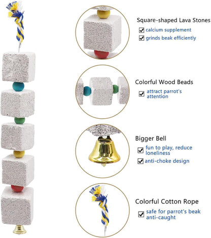 2 Pack Large Bird Chewing Toy, Parrot Beak Grinding Calcium Stone with Bells, Bird Cage Accessories, Cage Toys for Cockatiel Parakeet Parrot Budgies Rat Hamster Chinchilla Rabbit Bunny African Grey