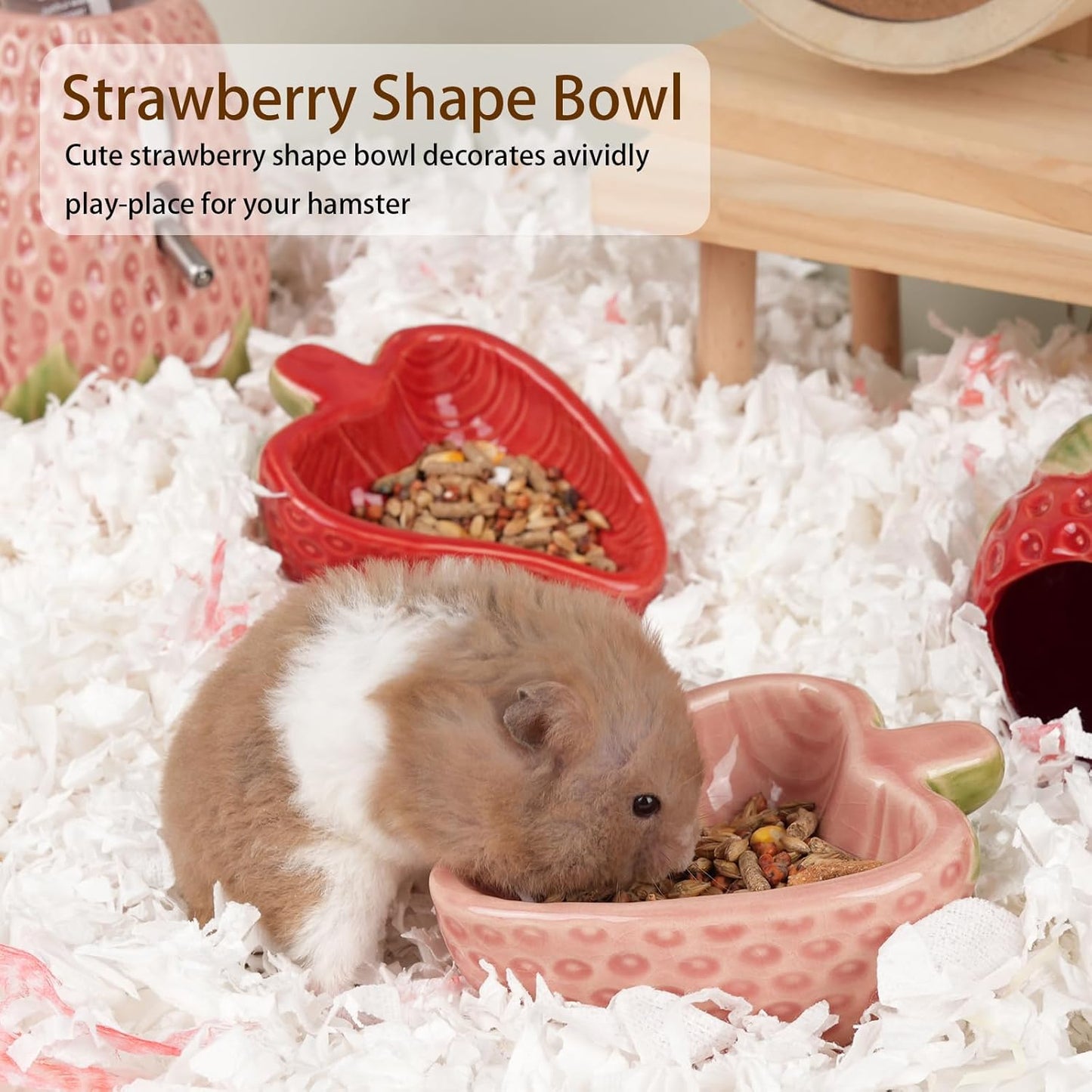 Hamtser Food Bowl,2 Packs Strawberry Hamster Bowls,Ceramic Feeding Bowl,Food Dish for Small Animals Gerbil Dwarf Hamster Rat Mice Guinea Pig(Pink+Red)