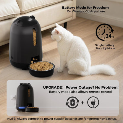 PAPIFEED Automatic Cat Feeder, 2.4G WiFi Auto Cat Food Dispenser with App Control, 3L Auto Pet Feeder with Dual Power Supply, Detachable for Easy Clean for Cats and Small Dogs, Black