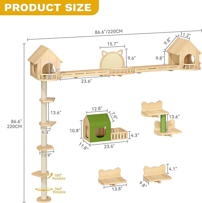 DWVO Solid Wood Cat Wall Shelves and Perches, Tall Floor to Ceiling Cat Tower w Scratching Posts, Wall Mounted Cats Furniture Climbing Shelves for Large Cats w Houses, Steps, Runway, Scratching Board
