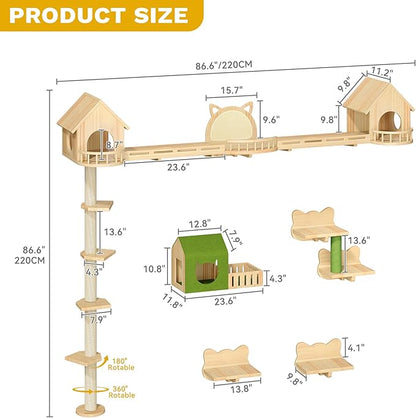 DWVO Solid Wood Cat Wall Shelves and Perches, Tall Floor to Ceiling Cat Tower w Scratching Posts, Wall Mounted Cats Furniture Climbing Shelves for Large Cats w Houses, Steps, Runway, Scratching Board