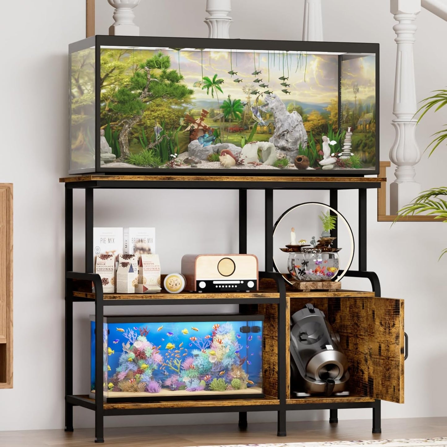 40-50 Gallon Fish Tank Stand，750 lbs Capacity Aquarium Stand，Heavy-Duty 3-Level Reptile Stand with Built-in Storage，36.8×15.7×31.5" Steel Terrarium Stand，Retro Brown