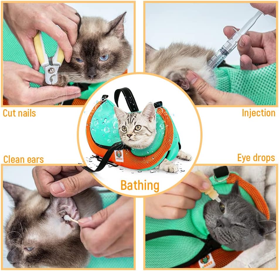 AWOOF Cat Grooming Bag Adjustable Cat Bathing Bag Anti Scratch Bite Restraint Bag Cat Sling Bag Durable Mesh Cat Shower Bag for Small Medium Large Cats Nail Trimming Ear Cleaning Medicine Taking