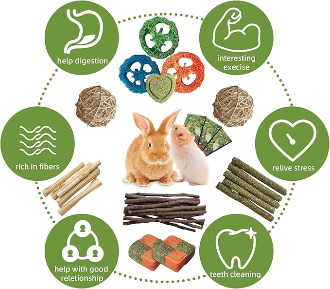 50-60pcs Bunny Chew Toys for Rabbits Teeth, Natural Rabbit Toys Apple Wood Sticks, Carrot, Timothy Grass Treats for Small Pets, Hamster, Chinchilla, Guinea Pig (50-60Pcs Rabbit Treats)