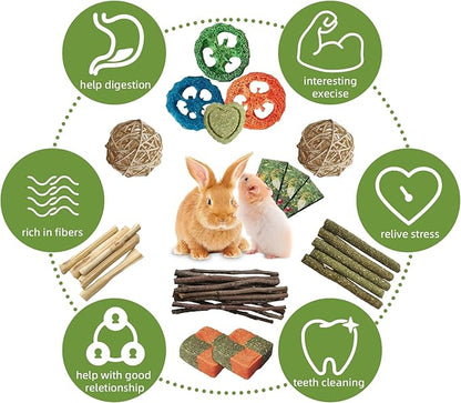 50-60pcs Bunny Chew Toys for Rabbits Teeth, Natural Rabbit Toys Apple Wood Sticks, Carrot, Timothy Grass Treats for Small Pets, Hamster, Chinchilla, Guinea Pig (50-60Pcs Rabbit Treats)
