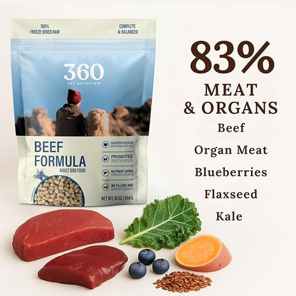 360 Pet Nutrition Freeze-Dried Raw Dog Food – Beef Recipe with Liver & Organs, High Protein with Omega-3s, Fruits, Veggies & Superfoods, Grain-Free, No Fillers, 1 lb – Made in USA