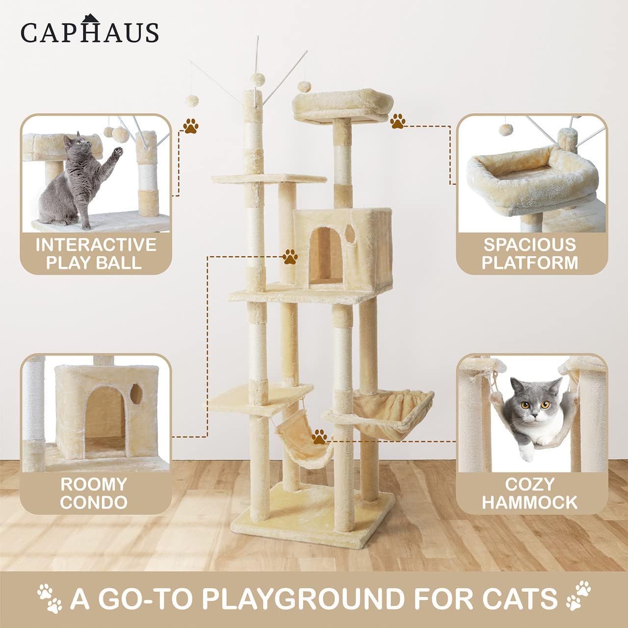 CAPHAUS 70-Inch Multi-Level Tall Cat Tree with Cute Top Perch, Scratching Posts, Cat Activity Tree w/Modern Hammock, Cat Cave Condo for Large Cats Kittens Tall Cat Climbing Play Tower