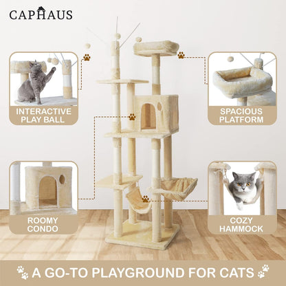 CAPHAUS Tall Climbing Modern Indoor Play Tower for Large Cats Kittens, 70-Inch with Top Perch, Cat Cave Condo, Cat Tree w Hammock, Multi-Level Cat Activity Tree w Cute Scratching Posts