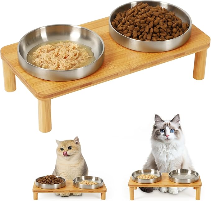 Elevated Cat Bowls for Indoor Cats – Raised Bamboo Cat Food Table with 2 Stainless Steel Dishes, Adjustable Height (4.25"/3.07"), Set of 1