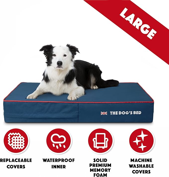 The Dog’s Bed Orthopedic Memory Foam Dog Bed, Large Blue Oxford with Red Trim UK Flag, Pain Relief for Arthritis, Hip & Elbow Dysplasia, Post Surgery, Supportive, Calming, Waterproof Washable