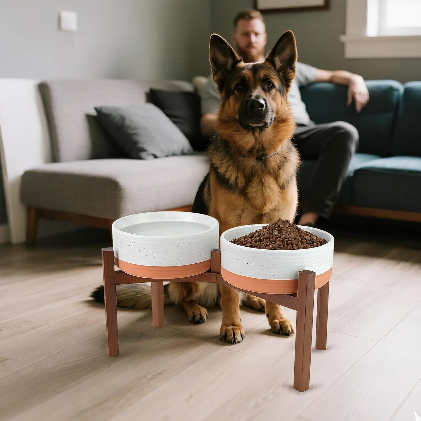 SPUNKYJUNKY Ceramic Elevated Dog Bowl Set with Acacia Wood Stand for Food and Water for Large Dog (60.87 OZ, White and Reddish Brown)