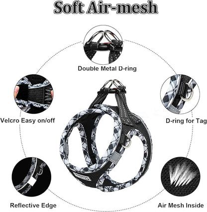 Mercano Soft Mesh Dog Harness and Leash Set, No-Chock Step-in Reflective Breathable Lightweight Escape Proof Vest Harnesses with Safety Buckle for Small Dogs, Cats (Black White, M)