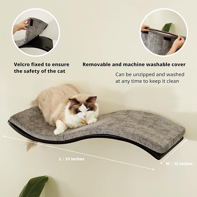 Cat Shelf with Comfortable Cushion - Wave Modern Cat Bed - Minimalistic Floating Wall Perch - Wooden Wall Mounted Cats Furniture for Sleeping, Playing, Climbing, and Lounging, Walnut