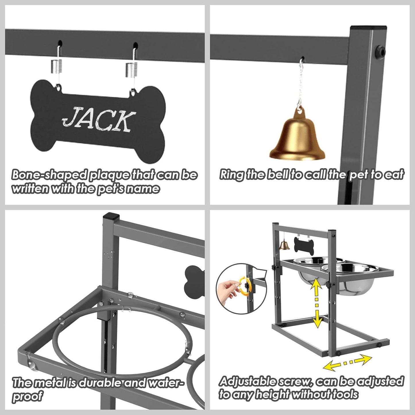 SHAINFUN Grey Raised Dog Bowl Stand with Two 1700ml Stainless Steel Food Bowl, a Slow Feeder and Silicone Pet Feeding Mat, Adjustable Dog Feeder, Elevated Dog Bowls for Large Medium and Small Dogs