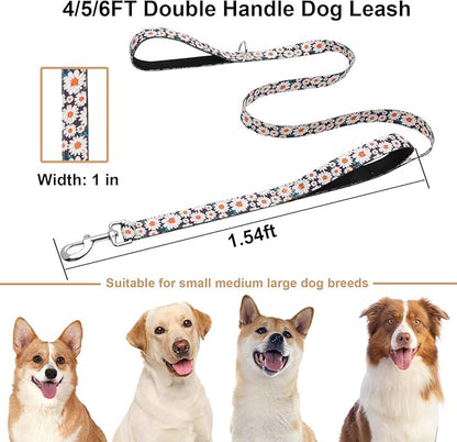 6ft Dog Leash with Two Padded Handles, Heavy Duty Strong Nylon Pet Leash with Soft Neoprene Handle for Small Medium Large Dogs, Daisy