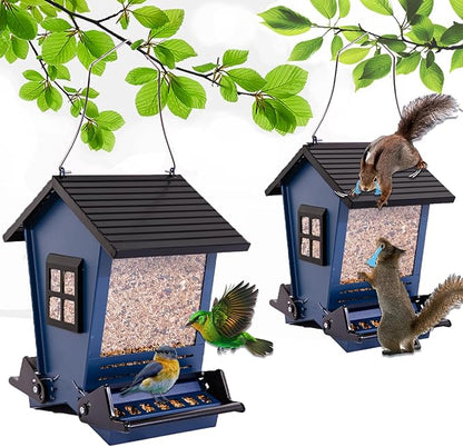 LSCQYYCC-Bird Feeder Squirrel Proof Metal Hanging for Outdoor Wild Bird Seed, with Bilateral Weight-Activated Perches, Large Feeder That Attracts Cardinals, Chickadees, and More Birds-One in Blue