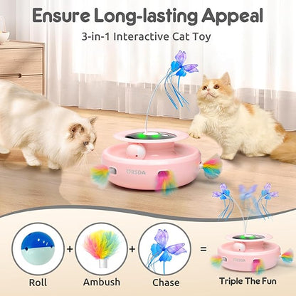 ORSDA Cat Toy, 3-in-1 Automatic Interactive Electronic Moving Ambush Feather, Fluttering Butterfly, Track Balls, USB Rechargeable Powered Smart Indoor Exercise Kicker