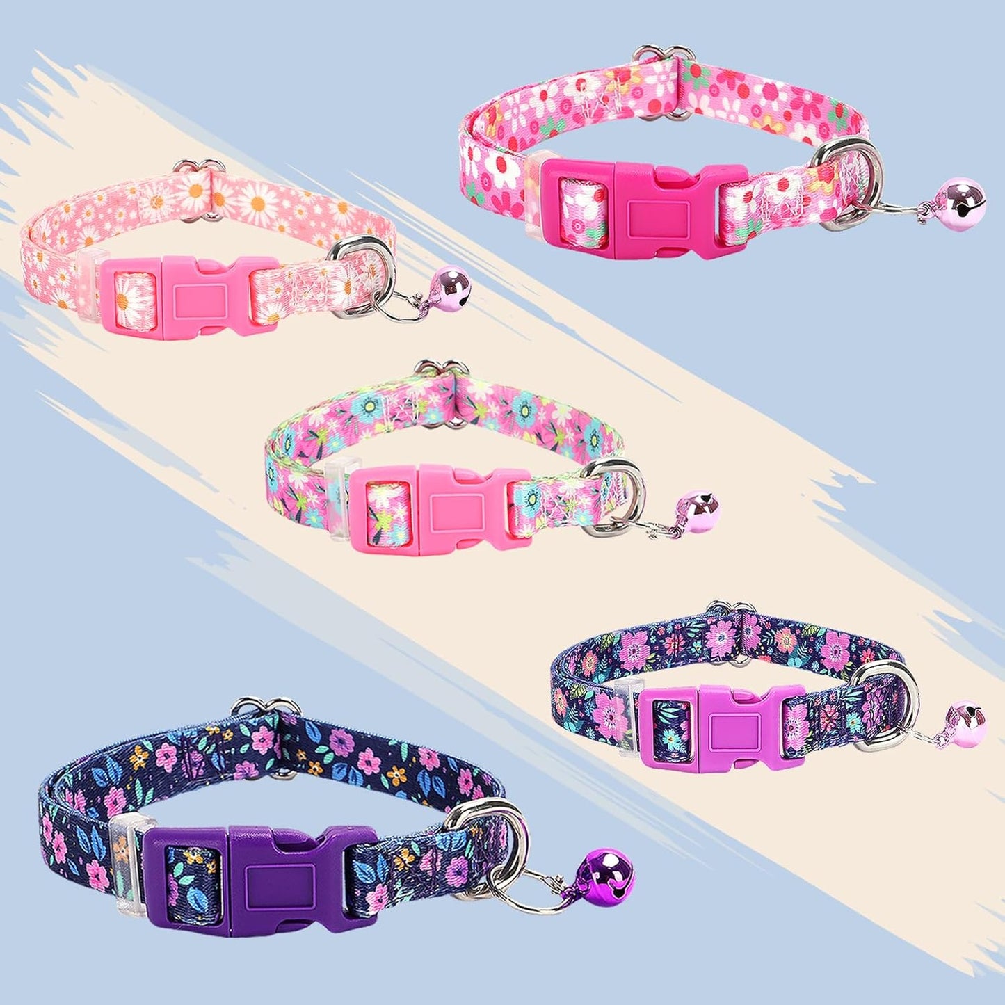 Nylon Dog Collar with Bell for Small Dogs, Adjustable Puppies, Kittens & Small Pets Collar- Purple Floral Design, XXS-XS-S Sizes, Lightweight & Secure Fit, for Pet Owners (S)