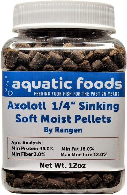 Aquatic Foods Inc. Axolotl Food, 1/4" Soft Moist Sinking Pellets, Rangen's Salmon Meal Pellets for Adult Axolotl. Also Shrimp, Snails, Crabs, Bottom Fish, All Tropical Fish...12oz Small Jar