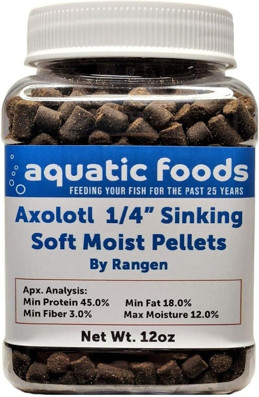 Aquatic Foods Inc. Axolotl Food, 1/4" Soft Moist Sinking Pellets, Rangen's Salmon Meal Pellets for Adult Axolotl. Also Shrimp, Snails, Crabs, Bottom Fish, All Tropical Fish...12oz Small Jar