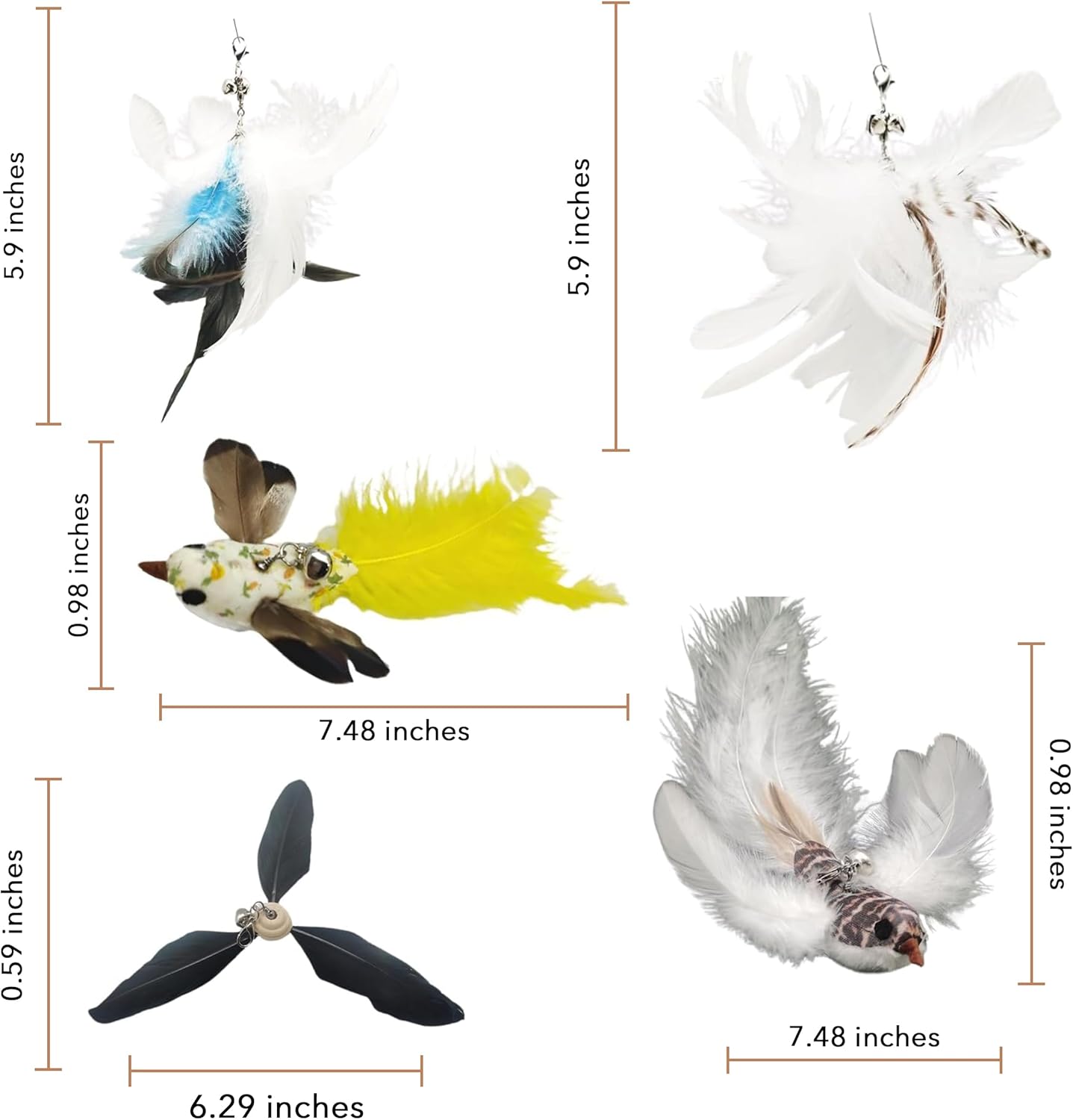 Variety Play Set, 5 Pack Refills for Wand and Fishing Poles, Spring Wires, Door/Wall Hang Ropes. 2 Bird, 2 Feather & Windmill Cat Toys - Bells & Easy Clip-On