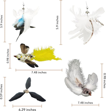 Variety Play Set, 5 Pack Refills for Wand and Fishing Poles, Spring Wires, Door/Wall Hang Ropes. 2 Bird, 2 Feather & Windmill Cat Toys - Bells & Easy Clip-On